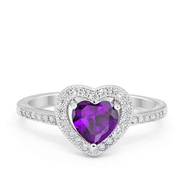 Halo Dazzling Heart Promise Ring Simulated Amethyst CZ 925 Sterling Silver